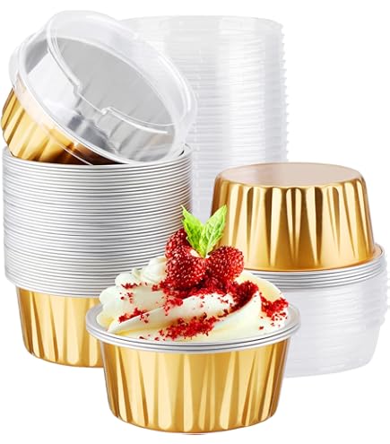 Round Foil Container golden with lid , Bake and serve , Lava Cups, desert Container (10pcs/pkt)