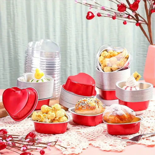 Foil Container red Heart with lid, Desert Container (10pcs/pkt)