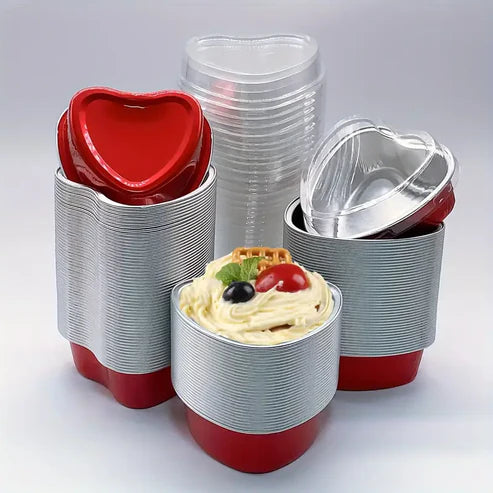 Foil Container red Heart with lid, Desert Container (10pcs/pkt)